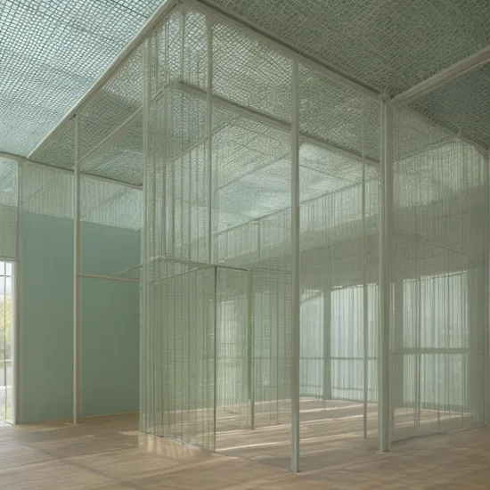 minimal architecture interior pavilion made from light steel structure, made from diaphanous translucent light delicious coral-green palette colorful mesh, scaffolding fabrics, drapery effect, do ho suh artist style, golden hour light, illuminated from the inside, architectural photography, 8k, photorealistic, ultra photoreal, ultra detailed, fine details