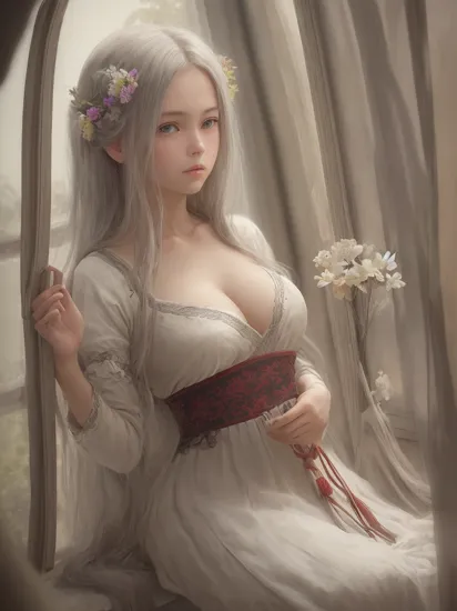 realistic, (best quality, masterpiece:1.3),
1girl, solo, tea,
silver hair, bright pupils, long hair, hair combed back, cleavage dress, hair_flower,,
study, close to the window, well-lit,
fansty world 
 
 Photo RAW, Fascinating Panorama of Ancient Chinese Silk Weavers, Cel Hues, Velvia, Ribbon, Official Art, ((Based on Composition, Conceptual Photography)), Masterpiece, Award Winning
, perfect composition, high detail, ultra-realistic