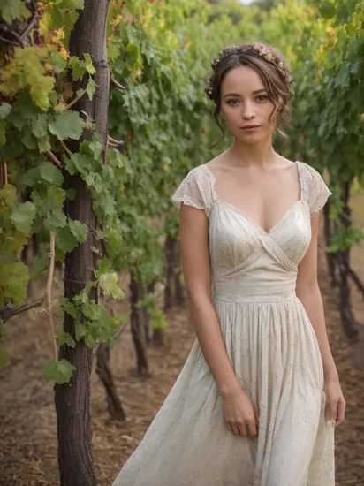 ((Portrait Photography)),cinematic photo professional raw photograph of nia-nacci Dress with a Rouched Bodice,A vineyard with rows and rows of grapevines,close up,  dslr, 8k, 4k, ultrarealistic, realistic, natural skin, textured skin  . 35mm photograph, film, bokeh, professional, 4k, highly detailed