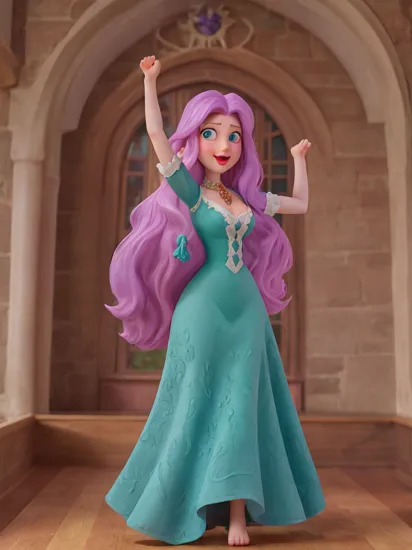 A photo of an adult Rapunzel inside a castle wearing a purple dress and showcasing her green eyes and very long hair.
(hair:1.4), (big breasts:1.2), dynamic pose, [evil smile|open mouth], red lips, blurry.
Stable-Yogis-Beauty-2.0, Stable-Yogis-Detail-Enhancer-2.0 4k, trending on ArtStation, Highly Detailed