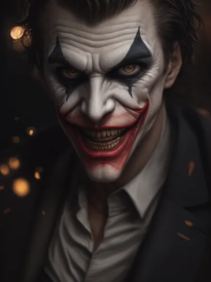Joker risen from the ashes, sparks, 8k, hd, contour light, high contrast, depth of field, ultra detail, photorealism, cinematography, gigantism, from the first person, lots of details, dark tone, bokeh, epic frame, super realistic texture,