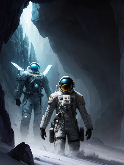 a beautiful artwork illustration, concept art sketch of an astronaut in white futuristic cybernetic armor in a dark cave, volumetric fog, godrays, high contrast, vibrant colors, vivid colors, high saturation, by Greg Rutkowski and Jesper Ejsing and Raymond Swanland and  alena aenami, featured on artstation, wide angle, vertical orientation