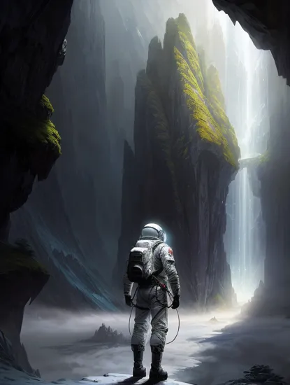 a beautiful artwork illustration, concept art sketch of an astronaut in white futuristic cybernetic armor in a dark cave, volumetric fog, godrays, high contrast, vibrant colors, vivid colors, high saturation, by Greg Rutkowski and Jesper Ejsing and Raymond Swanland and  alena aenami, featured on artstation, wide angle, vertical orientation