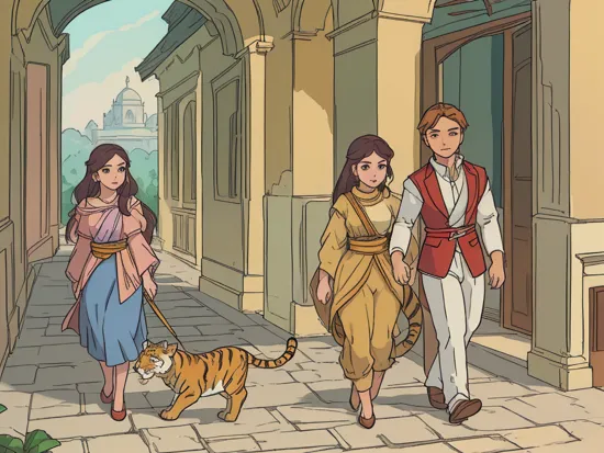 (masterpiece, top quality, best quality, official art, beautiful and aesthetic:1.2), jasmine walking with tiger near her, palace setting    
