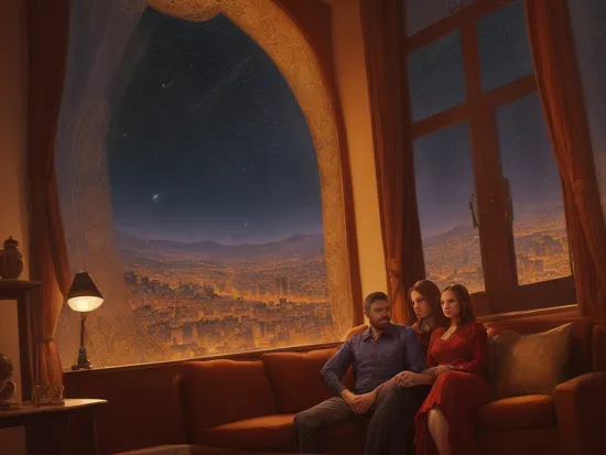 a man and woman sit on a couch and stare through the window to the Ankara city, extremely detailed painting, beautiful glowing, centered, symmetry, painted, intricate, volumetric lighting, beautiful, sharp focus, ultra detailed, in the style of dan mumford and marc simonetti, astrophotography