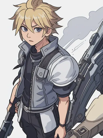 nomura tetsuya, 1boy, blonde hair, cloud strife, dissidia final fantasy, final fantasy, final fantasy vii, male focus, official art, solo, spiked hair, standing, white background, close up, torso up, 
