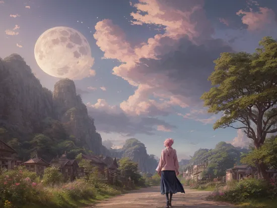 digital photography, symmetrical, photo, indigo shirt with blue jeans, foxy, (best quality), very dark lighting, High Detail, taupe skin, medium pink hair, photorealistic, full moon, Greg Manchess, vermilion skirt, extremely detailed CG unity 8k wallpaper, cannonballs, 8k, cloudy sky background lush landscape illustration concept art anime key visual trending pixiv fanbox by wlop and greg rutkowski and makoto shinkai and studio ghibli, architectural streets, magnificent details, full body, (Photorealistic:1.3), beautiful studio soft light, forest, medieval architecture