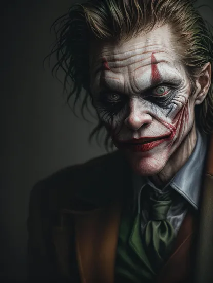 portrait of (Willem Dafoe as The Joker:1.25), wide crazy smile, (((solo))), (Art by Jim Lee, & Zack Snyder), Gotham city background, ragged clothes, dramatic, good anatomy, good proportions, award winning, masterpiece, volumetric lighting, centered, (realistic oil painting:1.2),  