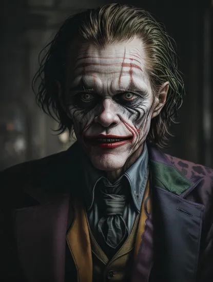 portrait of (Willem Dafoe as The Joker:1.25), wide crazy smile, (((solo))), (Art by Jim Lee, & Zack Snyder), Gotham city background, ragged clothes, dramatic, good anatomy, good proportions, award winning, masterpiece, volumetric lighting, centered, (realistic oil painting:1.2),  