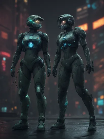 Two people, (hologram Cortana) kicking (camouflage colored Master Chief), reimainged in a cyberpunk universe, cyberpunk, cyberpunk style, cyberpunk style art, cyberpunk surroundings, glowing multicolored neon lights, glowing tattoos, rain, raining, lightning, cinematic scene, detailed background, masterpiece, best quality, high quality, highres, absurdres, 16k resolution   