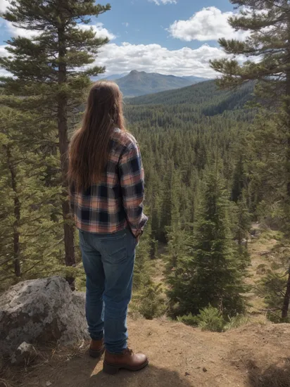 very detailed, conceptual ,man standing on mountain top, flannel shirt, blue jeans, well worn clothing, leather boots, long hair, pine tree's, mountain, cloud, sunny, well lit, natural light and shading, pov away