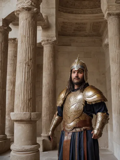 portrait photography of a 40yo  greek man wearing linothorax armor and feathered helmet, in a greek ancient temple interior 