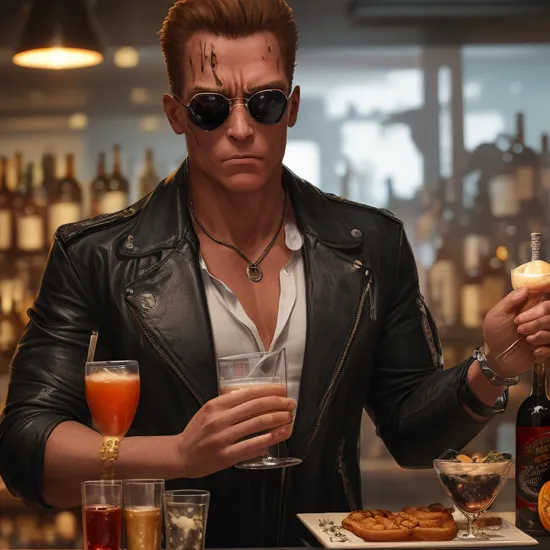 terminator serving drinks and canapes at a party, in bartender's attire, realistic, highly detailed