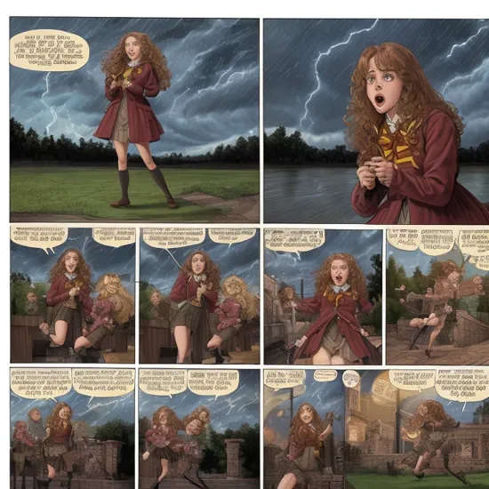 hermione granger masturbating herself in public, at night, big storm on sky, thunder, rain

in 4 panels

by robert crumb