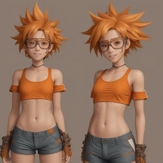 Edward,  standing,  Goggles
tan skin, tomboy, midriff, orange hair, loose shirt, off shoulder, spiked hair, barefoot, bike shorts, brown eyes, goggles on head,  grin
(insanely detailed, beautiful detailed face, masterpiece, best quality)  <lora:Edward-03:1>