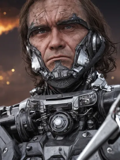 explosions in the background, night sky, (Realisitc:1.5) man terminator (face closeup:1.5), 
