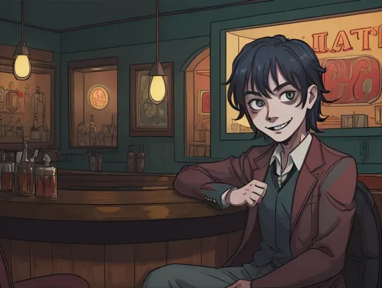 photo of the joker sitting at the counter in a bar, evil smile, mystic