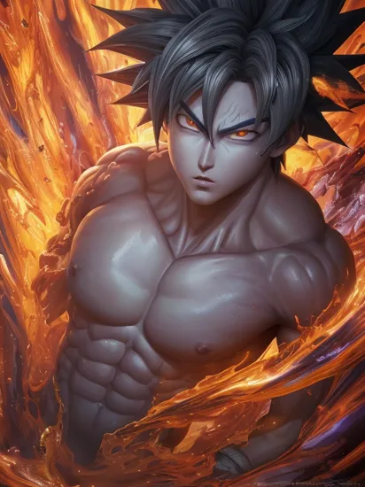 Goku ultra instinct, dbz style, jjba style, death note style, ultra detailed artistic abstract photography of liquid lust, detailed captivating eyes on molten statue, asymmetrical, gooey liquid hair, color exploding lips, highly refractive skin, Digital painting, colorful, volumetric lighting, 8k, by Cyril Rolando, by artgerm, Trending on Artstation, 16k resolution, 300 dpi, 600 dpi, 4k, Contest winner, High definition, detailed, realistic, 8k uhd, high quality