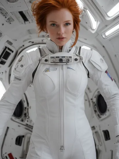 a portrait photography of a gorgeous redhead in open unbuttoned white space suit, standing inside spaceship, attractive, flirting, looking at viewer, detailed skin, highly detailed, diffused soft lighting, hyperrealism, cinematic lighting