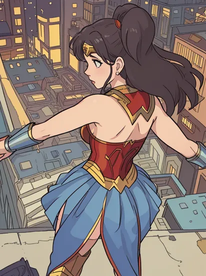 masterpiece, best quality,wonder woman,Ideal woman's butt and hips, city background, view from behind, her every move a glitched symphony in the world of fashion.,
 