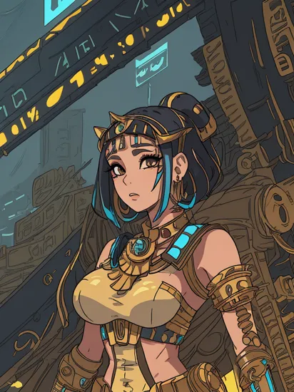Cleopatra as a (cybernetic egyptian:1.2) Queen, mechanical pody parts, (punk cleopatra hairstyle:1.2), (traditional egyptian outfit:1.1), (cyberpunk outfit:1.3), futuristic jewelry, Egypt background, cinematic lighting, (neon pyramids:0.7), depth of field, detailed, sharp, HD, HDR, masterpiece, best quality, best resolution