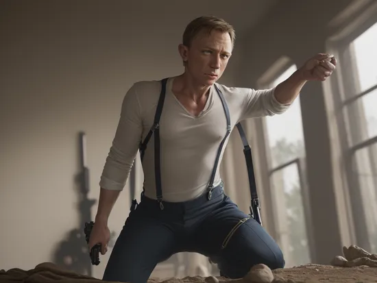 (realistic, real life:1.2),(hyper-realistic:1.3) cinematic action photo of ((crouching)) Daniel Craig as James Bond in torn white sweatshirt & (suspenders:1.3) holding a (((pistol))),shot on mirrorless camera,HDR,30mm,vivid colors, wounded 007, dread, cuts on body, blood flowing, shot on Fujifilm x-t4, 007danielcraig, 