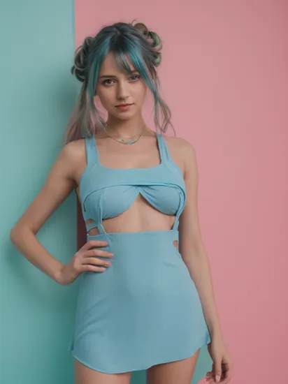 portrait photography of (female:1.3), (very skinny body type:1.1), (very large breast size:1.1), (wearing blue underboob cutout dress:1.2), , (blue hippie hairstyle:1.2), , flat lighting, (soft saturation:1.2), , (pastel green neon lights:1.1), , ,  , 