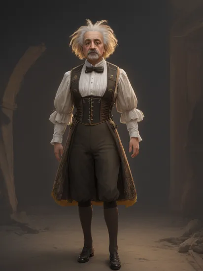 ((best quality)), ((masterpiece)), ((realistic,digital art)), (hyper detailed), male Albert Einstein,  full body clothing,  Virtual Reality Fabric,  Yellow Gold, Three-Quarter Sleeves, Knee Length, High Waist, Ball Gown Skirt,  Pockets,,Raw Wash,,Fringe,,Cutout Details, Corset Closure,  , Telescopic, Extraterrestrial, Redshift, Cosmic Ray}, octane rendering, raytracing, volumetric lighting, Backlit,Rim Lighting, 8K, HDR,  