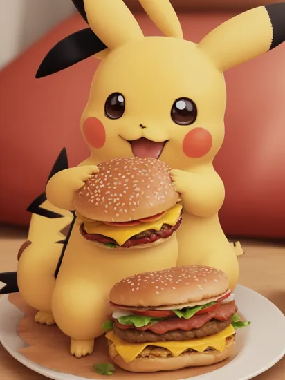 pikachu eating a hamburger