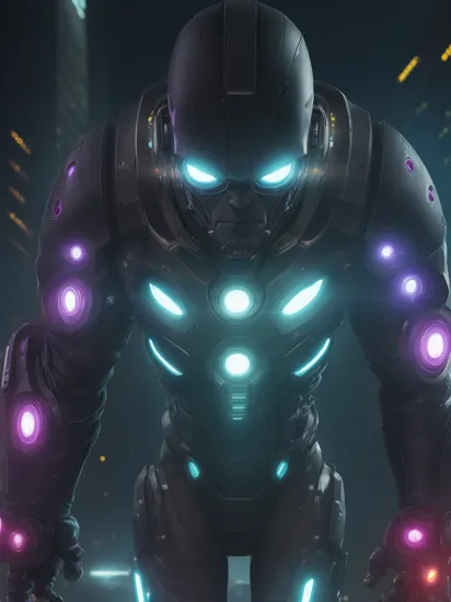 cybernetic eye, terminator, cyberpunk version, tron legacy, glowing Thanos armor, full figure portrait of bald Thanos in purple skin in action pose, utility belt, cyborg, robotic arms, armored, thanos armour, blade runner, action pose, wearing infinity gauntlet, cyberpunk city, dramatic lighting, necklace, jewelry, cape, magic circle, masterpiece, mechanical parts, cybernetic eye, ultra detailed, depth of field, neon lights, intricate, detailed skin, chrome, johnny silverhand arms, magic, powers, hero pose, realistic, 8k, uhd, best quality, mechanical parts, 5 fingers, vibrant colors, lex luthor neon green armour, cyberpunk universe on saturn moon