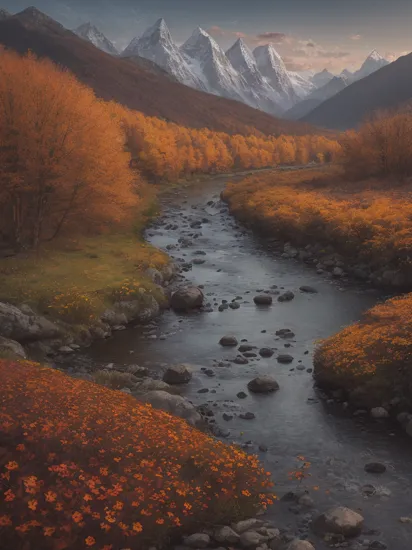 photo RAW,(autumn,night,mountains and a river, (flowers on foreground), 4k highly detailed digital art, 8k hd wallpaper very detailed, impressive fantasy landscape, sci-fi fantasy desktop wallpaper, 4k detailed digital art, sci-fi fantasy wallpaper, epic dreamlike fantasy landscape, 4k hd matte digital painting, 8k stunning artwork,Realistic, realism, hd, 35mm photograph, 8k), masterpiece, award winning photography, natural light, perfect composition, high detail, hyper realistic, (composition centering, conceptual photography)