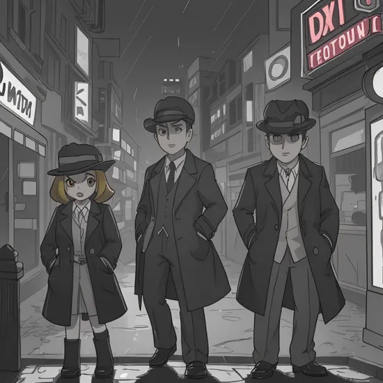 Film Noir Detective Pikachu (Cinematic), A rainy, monochrome Ryme City, where Detective Pikachu, donning a trench coat and fedora, dives into a mystery involving missing Pokémon, every shadowy alley and neon sign captured in dramatic cinematic detail