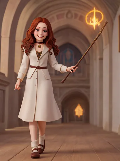 photo of pale woman long curly brown hair, griffindor witch, freckles, choker (hogwarts robe:1.1), (holding a wand:1.1) (black eyeshadow), (background bokeh hogwarts hallway), (character design by greg rutkowsky and ilya kuvshinov and artgerm:0.5), (naughty smile:1.1), (focus on the eyes), Key light, (natural light), soft focus, Cinematic portrait photography by Harry Potter, (visible pores:0.3) (high detailed skin:0.9), 4k high quality