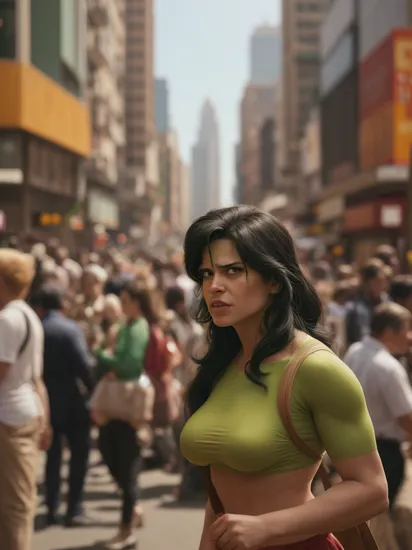 cinematic photo Candid Photo of She-Hulk, in a bustling city street, with natural, candid lighting, revealing her everyday interactions with people  . 35mm photograph, film, bokeh, professional, shot by alex prager, 4k, highly detailed