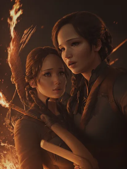 (Jennifer Lawrence:0.9) acting (Katniss Everdeen:1.3), fight to the death, movie poster, smoke, subsurface scattering, ruins on background, cinematography, intricately detailed, shallow depth of field, fire light, meticulous, magnificent, maximum details, extremely hyper aesthetic, dusk atmosphere,  paintly,  photo realistic, professional photo, sharp focus, (photo quality:1.4), (105 mm lens), (ISO 100)