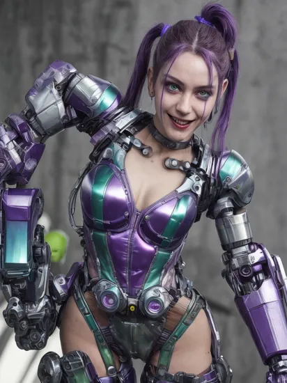 a portrait photography of harley quinn with (blue and purple dyed unkempt and messy hair and two ponytails on side:1.1), (having bionic arms:1.5) from cyberpunk 2077 game, (maniacal smile:1.1), standing on top of building, rugged looking, (looking at viewer:1.5), action pose, (wearing cyberpunk style purple and green chrome metallic android bodysuit with transformers like parts:1.5), perfect eyes,  perfect iris, identical eyes, identical iris, face to body proportion, golden ratio, symmetrical eyes, symmetrical iris, balanced eyes, sharp eyes, realistic eyes,  , perfect fingers