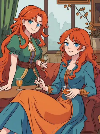 merida_v1, long orange hair, curly hair, blue eyes, green dress, clothing cutout,looking at viewer, serious, smirk, sitting, inside a fancy living room, holding a glass of scotch, liquor, romantic ambiance, high quality, masterpiece, 