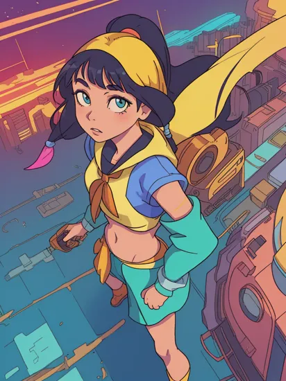 1girl 
pocahontas \(disney\),  
cyborg
yellow clothe
color of the wind
digital cityscape, neon lights, 
perspective from above
shadow
cyberpunk \(series\), 
anime, cartoon
abstract
gradient
(by James Gilleard)