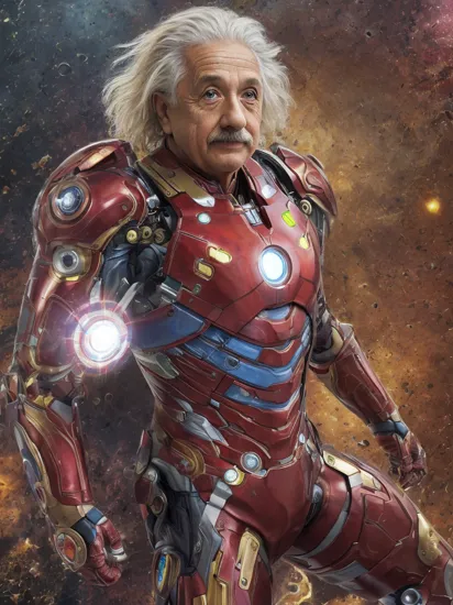 Albert Einstein in ironman suit, hyper detailed, real skin, futuristic abstract background, colorful