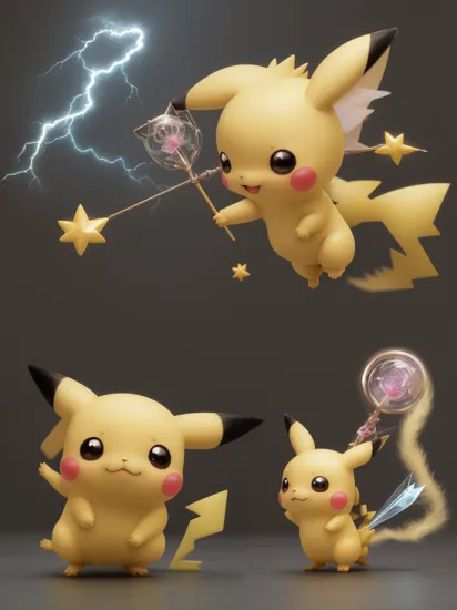 a chibi pikachu fairy, taking a fairy wand, using thunder, flash, laughing, dramatic lighting,dynamic posture, realistic, detailed, hyperdetailed, hyperrealistic, ultra-detailed, High detail, perfect anatomy, high resolution, best quality, masterpiece, photography,
