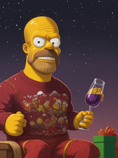 a 2d cartoon drawing, full portrait, thanos as Simpsons character, wearing ugly christmas Sweater, sitting , smiling and drinking wine,  christmas, snowing in the background,  colorful, beautiful drawing, 8k resolution, intricate, highly detailed, by Matt Groening, masterpiece, best quality, amazing, intricate, highly detailed, sharp focus,