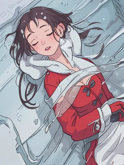 masterwork, (photorealistic:1.4), highresolution, a girl sleeping under thick ice, eyes closed, in the water, ((ices and snow on her body)), snow on her hair, snow white, dark hair, very beautiful, red lips, flat chest, half top, red coat under her
