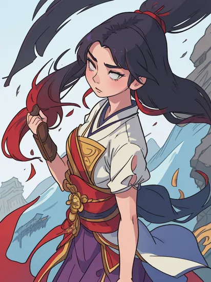 breathtaking (full height:1.3), a fierce  ohwx  woman  As Mulan from Disney's Mulan, sword in hand with the Great Wall of China in the distance. Inspired by Krenz Cushart, neoism, kawacy, wlop, gits anime. Her hair cropped short, emblematic of her sacrifice and bravery. . award-winning, professional, highly detailed