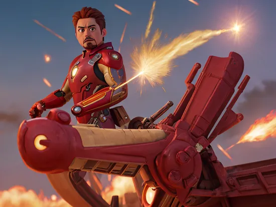 Tony Stark, in his Iron Man suit, his face is visible (no mask), firing a laser from his glove:3, intensity, full body portrait, UHD, HDR, 32K, intricate details, action background, hyper-detailed, wide angle (24mm), 32k, trending, amazing art, stunning image, award winning photography, cinematic