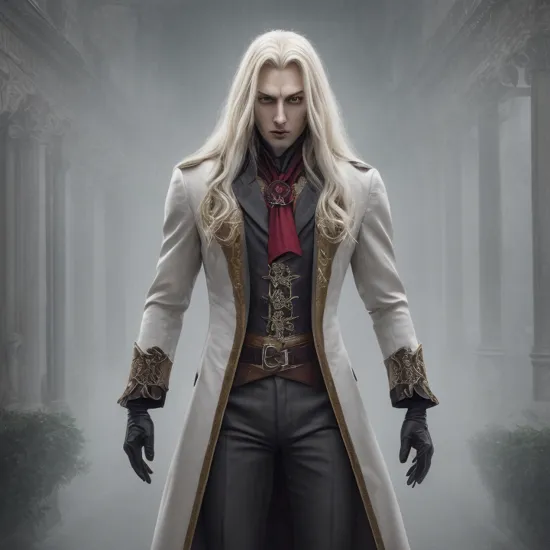 Real estate photography style, Realistic (Alucard from Castlevania),  pale smooth white skin,  very long platinum blond hair,  (golden eye color),  vampire fangs,  (black trench coat),  ornate detailing,  fit and toned male body,  vampire fangs,  beautiful face,  androgynous facial features,  somber and stoic expression,  cinematic lighting,  hyperrealism,  photorealistic,  dark fantasy,  masterpiece,  high detail,  high quality,  sharp image,  gothic background mood,  1 person,  realism pushing to the extreme,  incredibly like live,  ultra quality,  ultra detailed texture,  extremely detailed,,  Cyril Rolando, surreal photography, a matte painting, fantasy art, white luminous fog,
octane render, Unreal Engine 5, Cinematic, Color Grading, portrait Photography, Ultra-Wide Angle, Depth of Field, hyper-detailed, insane details, Photoshoot, Shot on 70mm lens, Tilt Blur, Shutter Speed 1/1000, F/22And, by aderek, by Pawel Tomczuk,realism pushed to the extreem, incredible like live, 
 , , Professional, inviting, well-lit, high-resolution, property-focused, commercial, highly detailed