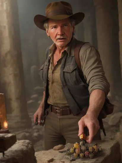 Cinematic Movie Still,  Close up of  Harrison Ford as Indiana Jones,  shocked and surprised,  gas  as he finds a large glowing radioactive Rubik's cube on an altar in abandoned,  ancient ruins,  raw photo,  Nikon,  Shallow depth of field,  vignette,  highly detailed,  high budget,  bokeh,  Cinemascope,  moody,  epic,  gorgeous,  film grain,  grainy