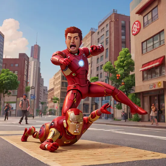 , gangnam_style_dance, photorealistic photo of Iron Man on the ground, street background, photo realistic, action shot, character portraits, insane detail, epic, 8k, masterpiece, best quality,