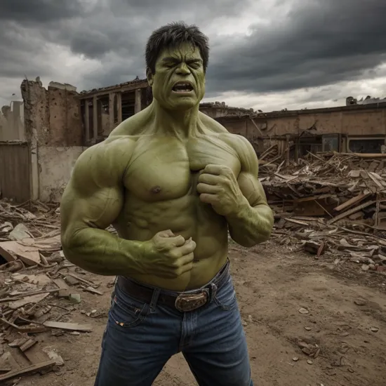 hulk, menacing and realistic cowboy shot, clenched hands, clenched teeth, streets, destruction, ruins, day, apocalypse, intricate details, masterpiece, absurdres, best quality, realistic 
