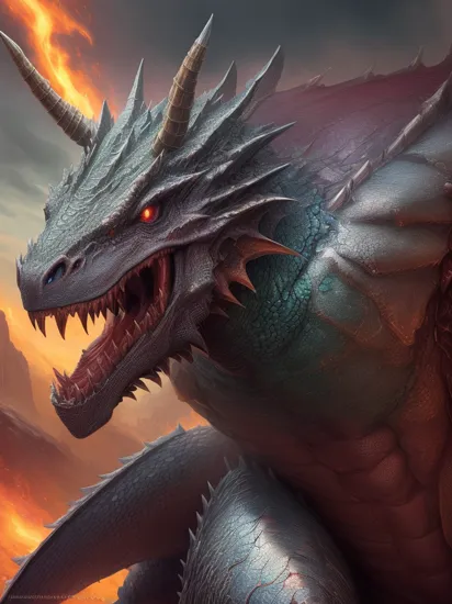 dreamlikeart portrait of hulking dragon humanoid iridescent scaly dragon humanoid, plate armor, breathing fire, fantasy background, detailed background, hell realm, blood rain, bloody mouth , <hypernet:MRoyale:1>