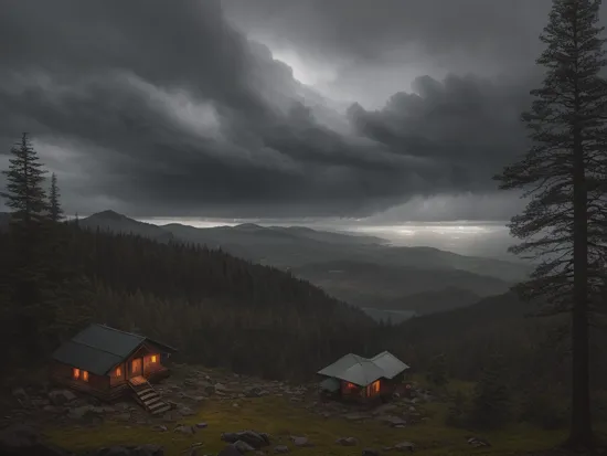 RAW photo, (view from cozy wooden camp:1.2), on steep mountain top,fireplace, rain shelter, postapocalyptic setting,(windy),autumn, far rain,storm sky, detailed multi volumetric storm clouds,lake, natural spooky light, perfect composition,(protected, cozy, sheltered:1.2),  (conceptual photography), diverse background,realistic, Dark Theme,  detailed,  (intricate mounain landscape:1.1),  epic landscape, 8k,   